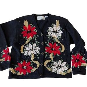 Design Options Cardigan Holiday Poinsettia Floral Black Beaded Size Large VTG